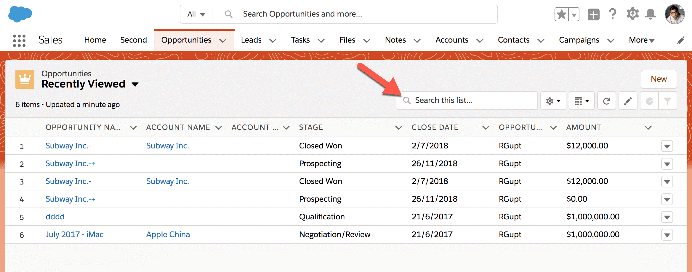 Search in Salesforce Lightning List View