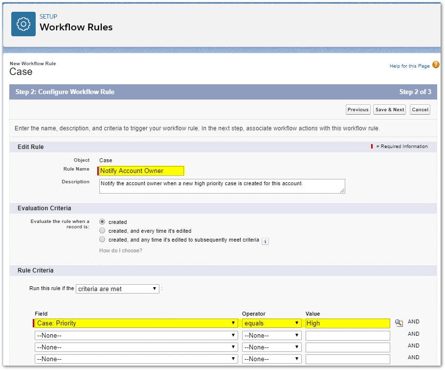 Setting up workflow rules